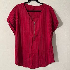 SHEIN Curve Red Blouse | Zip Front Ribbed Short Sleeve Top | Size 2XL